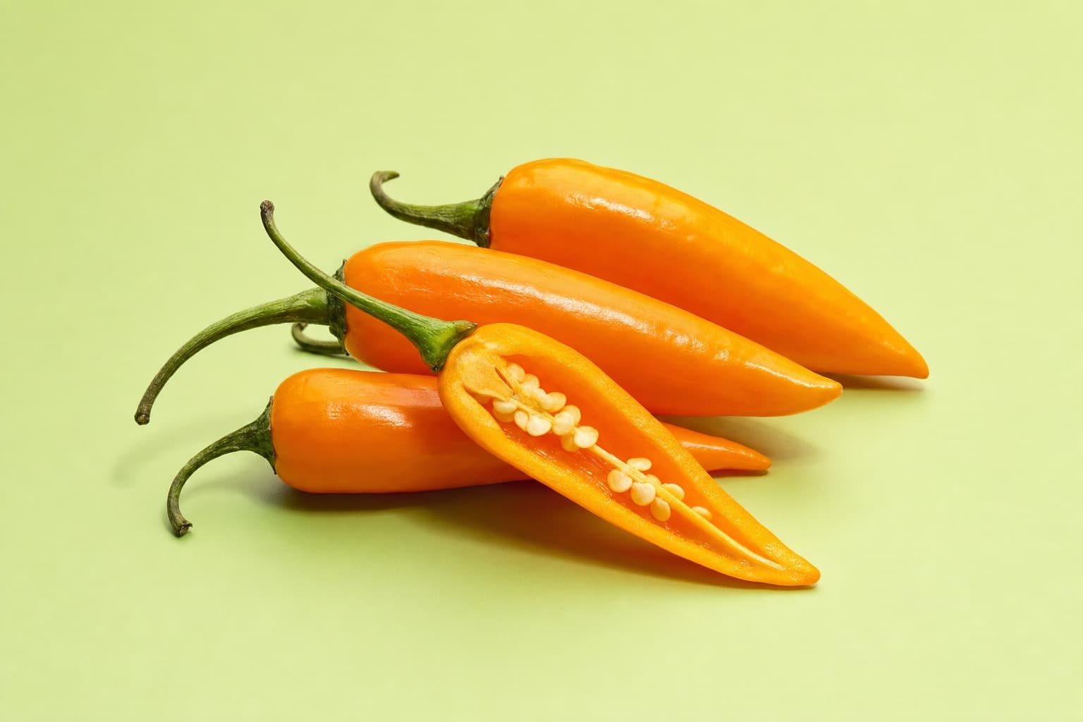 Fresh aji amarillo Peruvian yellow chili peppers, one sliced open
